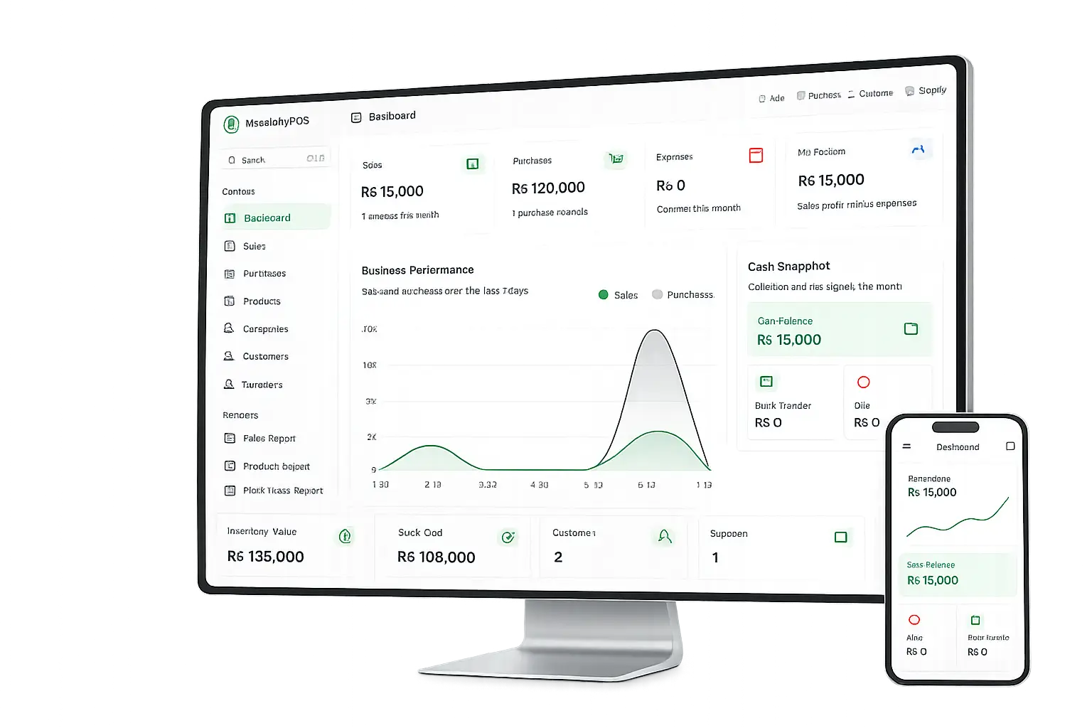 Finova POS billing dashboard shown on desktop and mobile